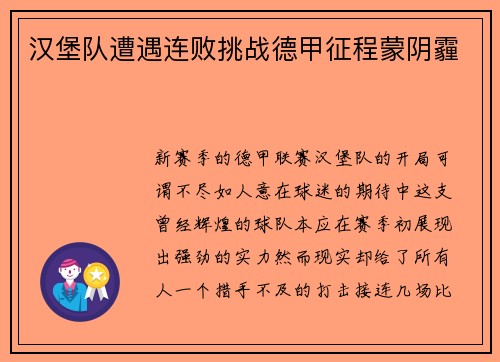 汉堡队遭遇连败挑战德甲征程蒙阴霾